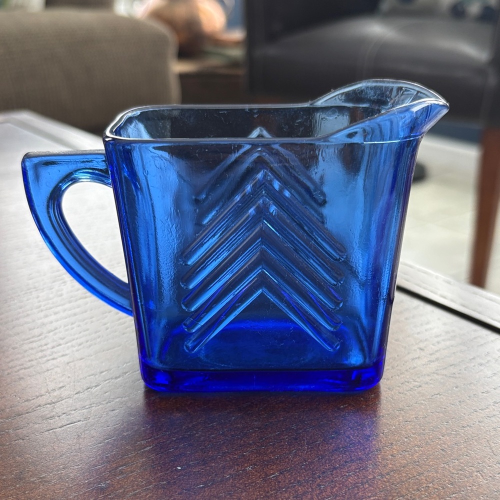 Hazel Atlas Cobalt Blue Chevron depression glass creamer pitcher
